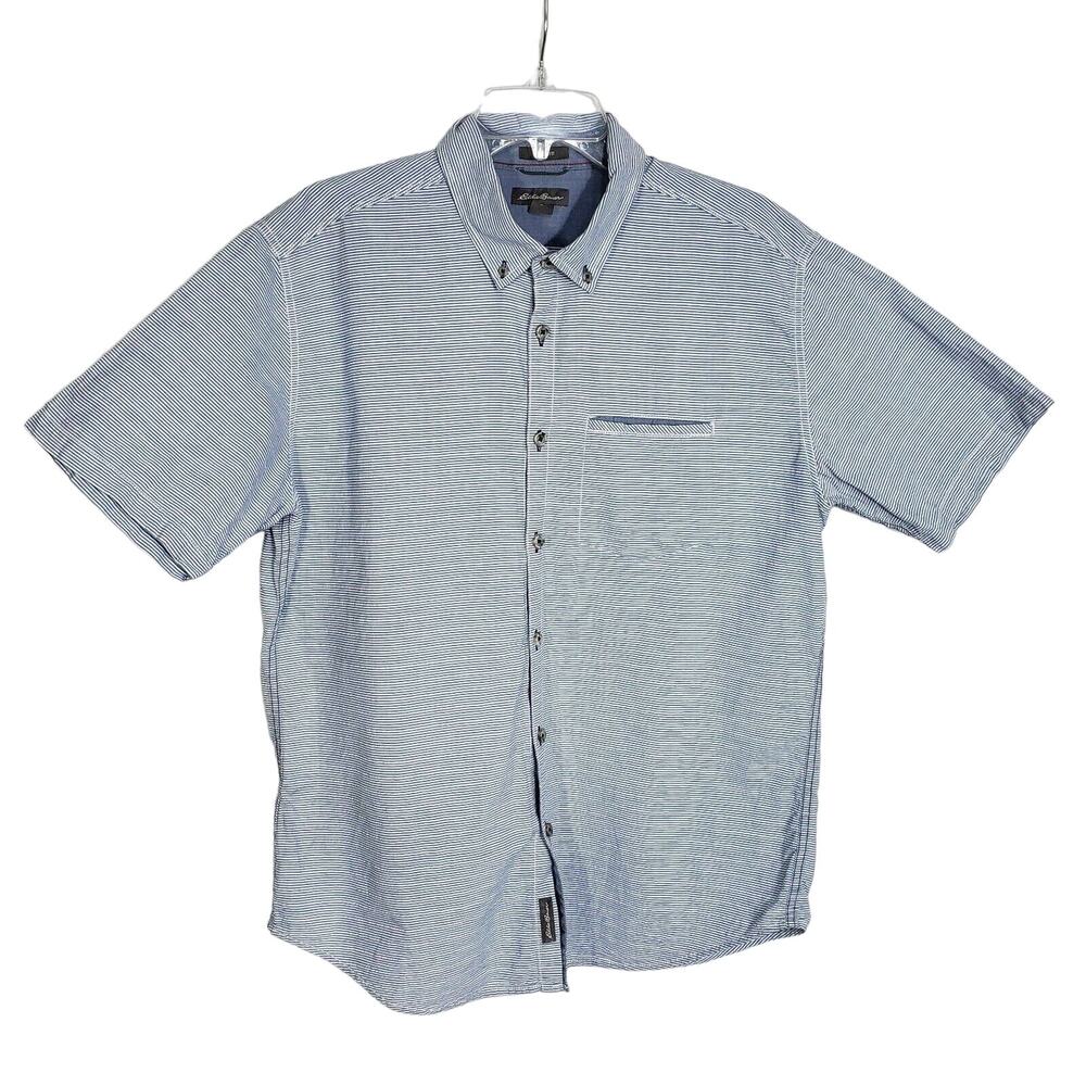 Eddie Bauer Mens Shirt Large Button Classic Fit Striped Blue Pocket Short Sleeve